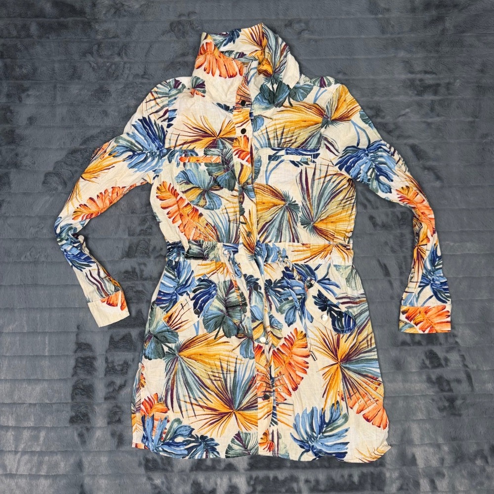 Chico's Tropical Palm Leaf Print Linen Button Front Shirt Dress Size 0 US 4/6
